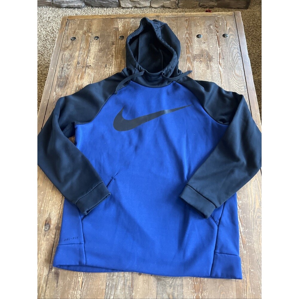 NIKE Hoodie Blue Black Sweatshirt Dri Fit Performance Swoosh Raglan M Athletic